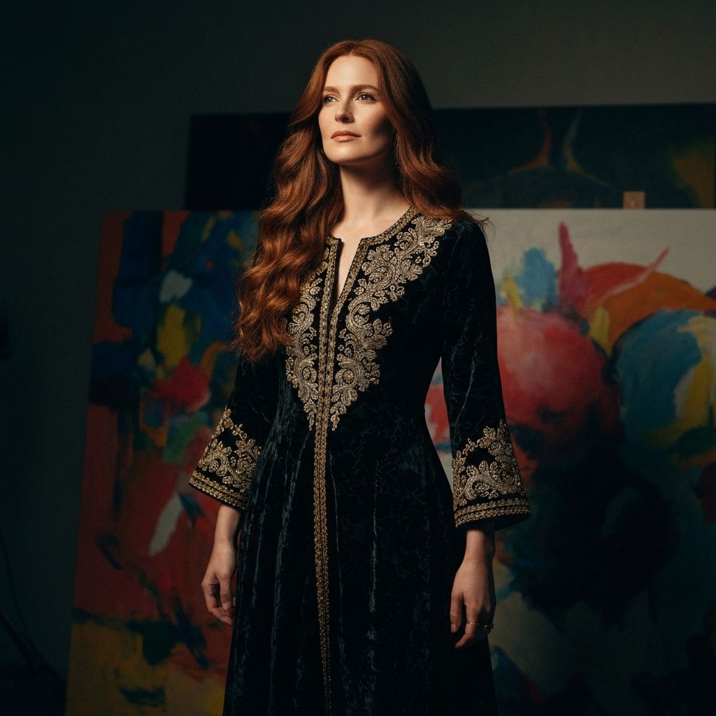 Woman wearing an intricate beaded gown from the Aurelia couture collection